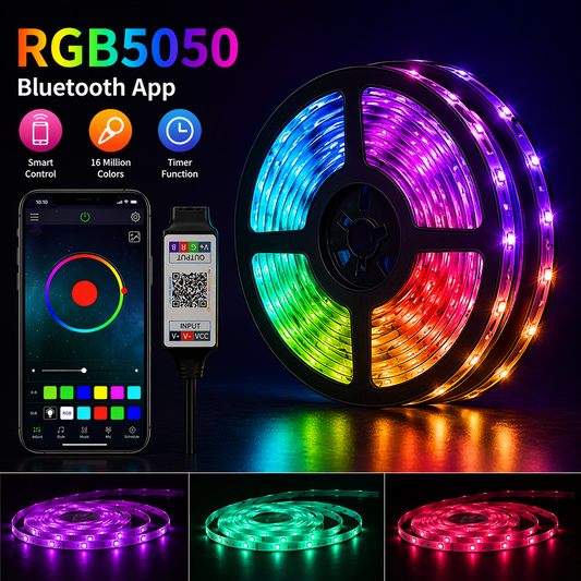 Smart RGB LED Strip Lights with Bluetooth App & Remote Control, Music Sync, 16M Colors