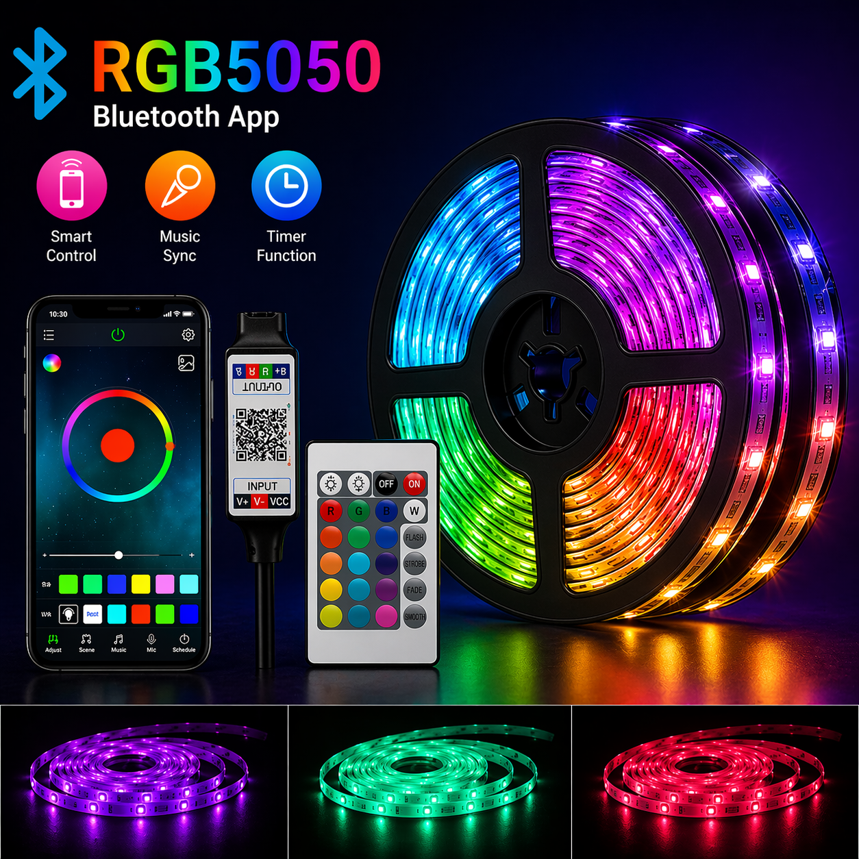 Smart RGB LED Strip Lights with Bluetooth App & Remote Control, Music Sync, 16M Colors