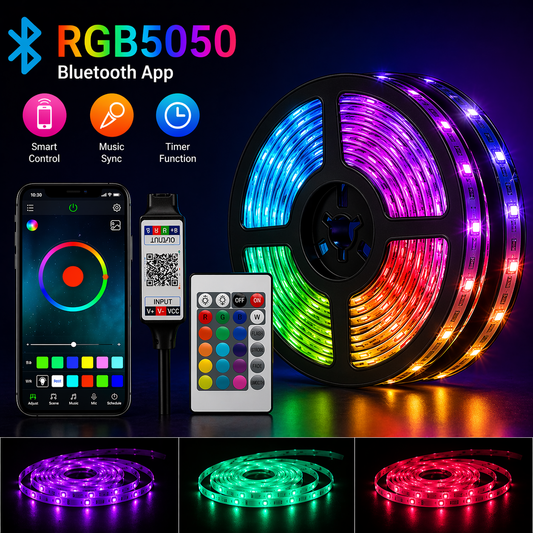 Smart RGB LED Strip Lights with Bluetooth App & Remote Control, Music Sync, 16M Colors