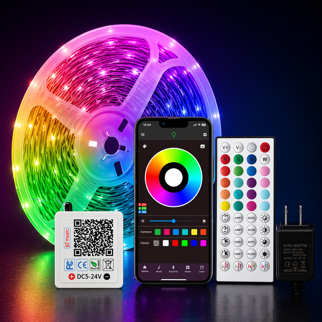Smart RGB LED Strip Lights with Bluetooth App & Remote Control, Music Sync, 16M Colors